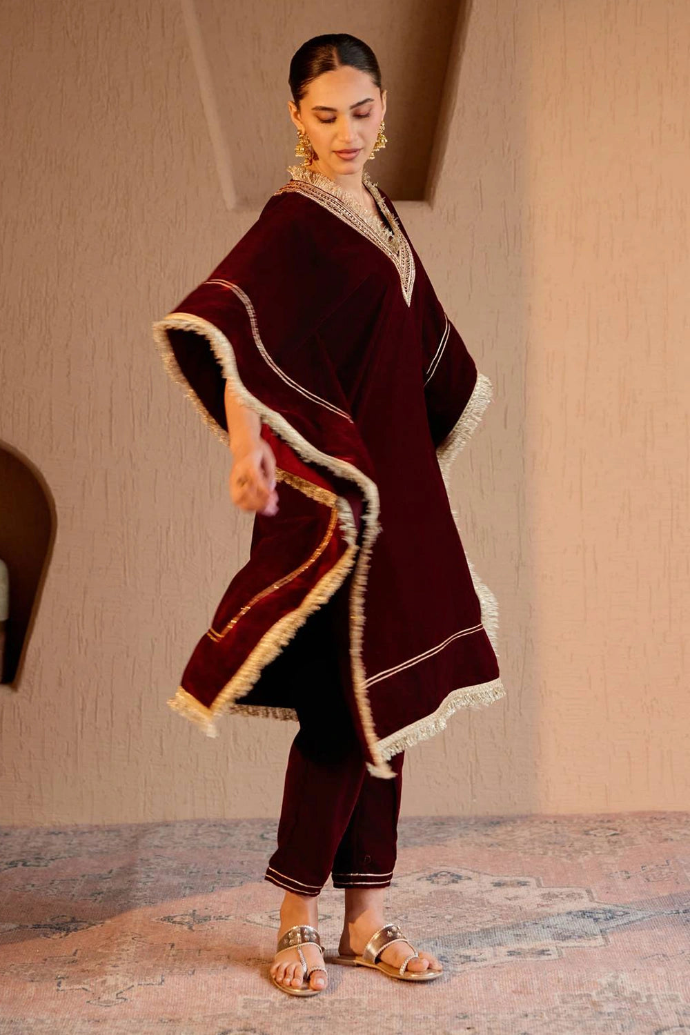 Maroon Velvet Kaftan With Pants