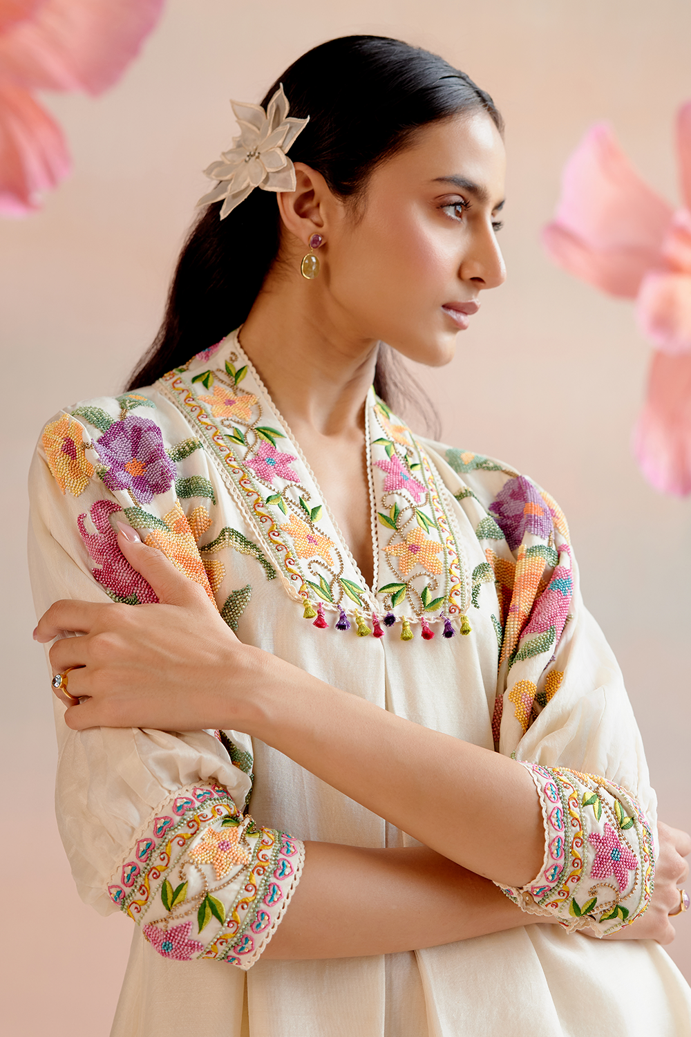 Ivory Floral Beadwork Kimono with Cutwork Pants