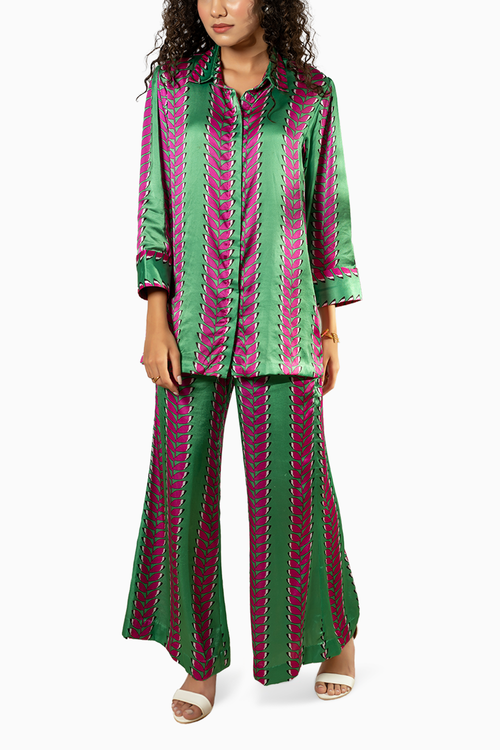 Green Satin Printed Set