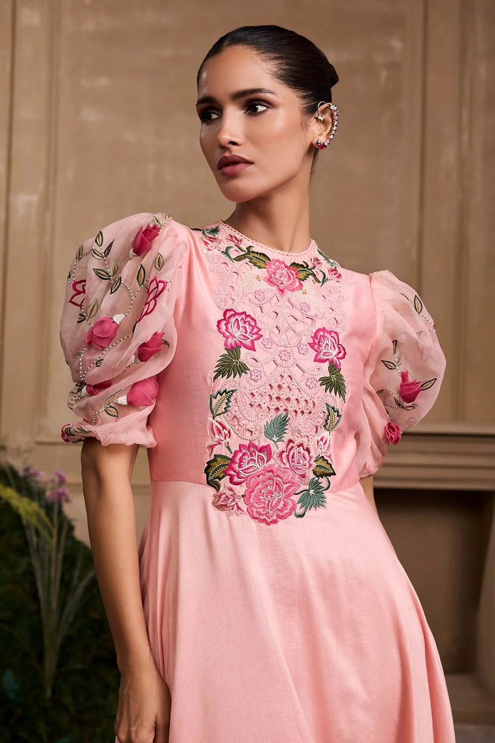 Rose Pink Embroidered Flounce Dress