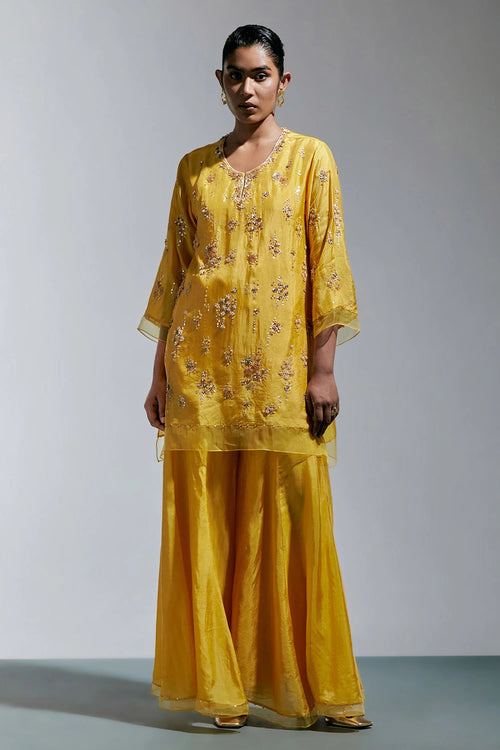 Amber Abstract Floral Embroidered Silk Sharara Set