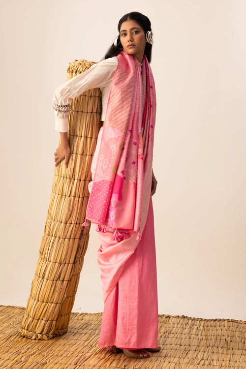 Pink Bandhani Patchwork Saree