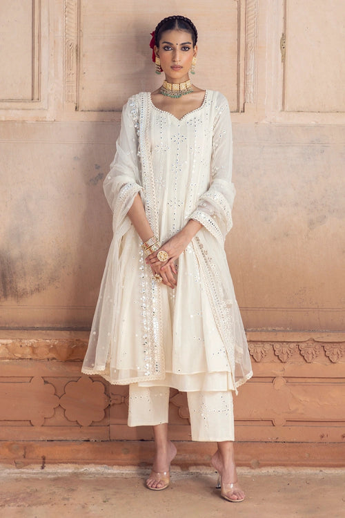 Off White Big Flower Anarkali with Pants and Dupatta