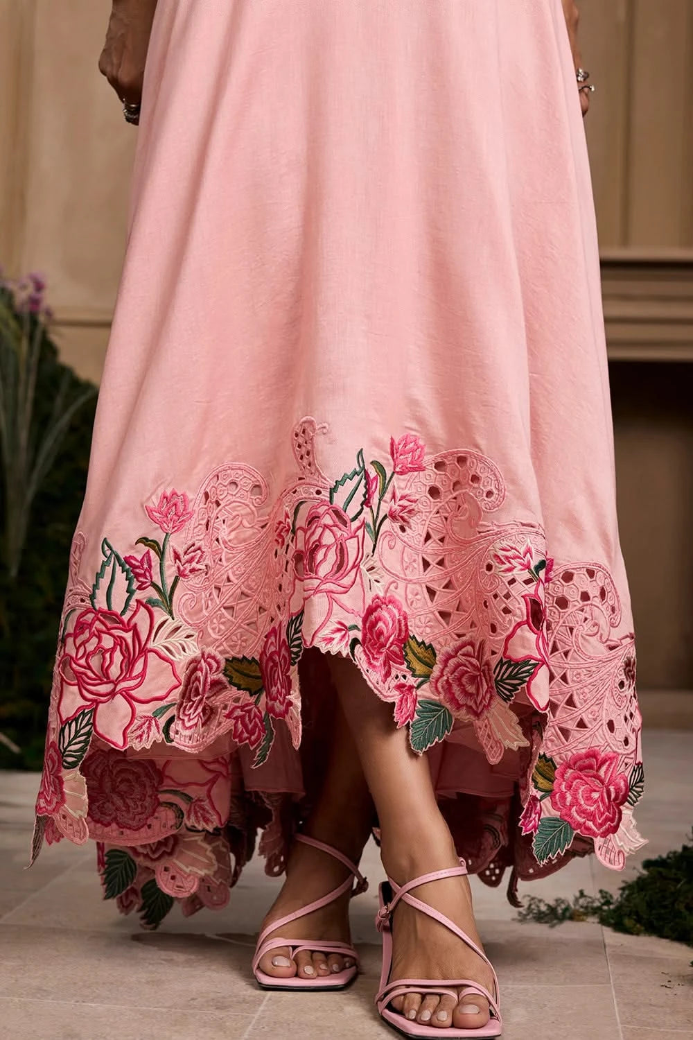 Rose Pink Embroidered Flounce Dress