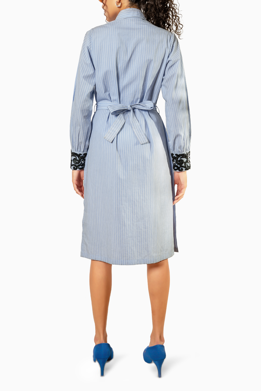 Dark Blue Emberoidered Detailied Placket And Cuff On Stripe Cotton Dress