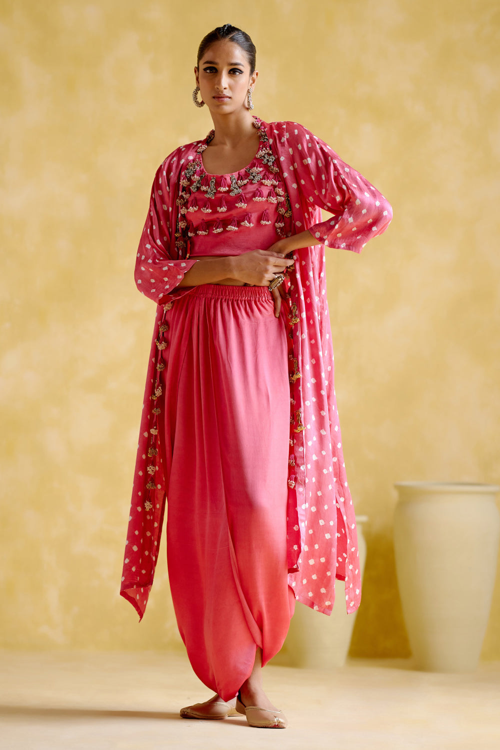 Malini Pink Bandhini Jacket with Blouse and Skirt