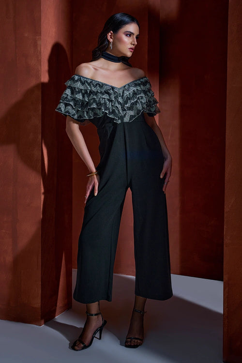 Black Metallic Ruffled Jumpsuit