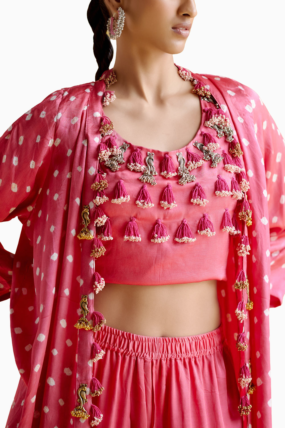 Malini Pink Bandhini Jacket with Blouse and Skirt