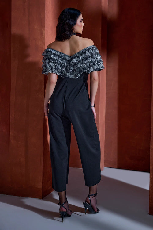 Black Metallic Ruffled Jumpsuit