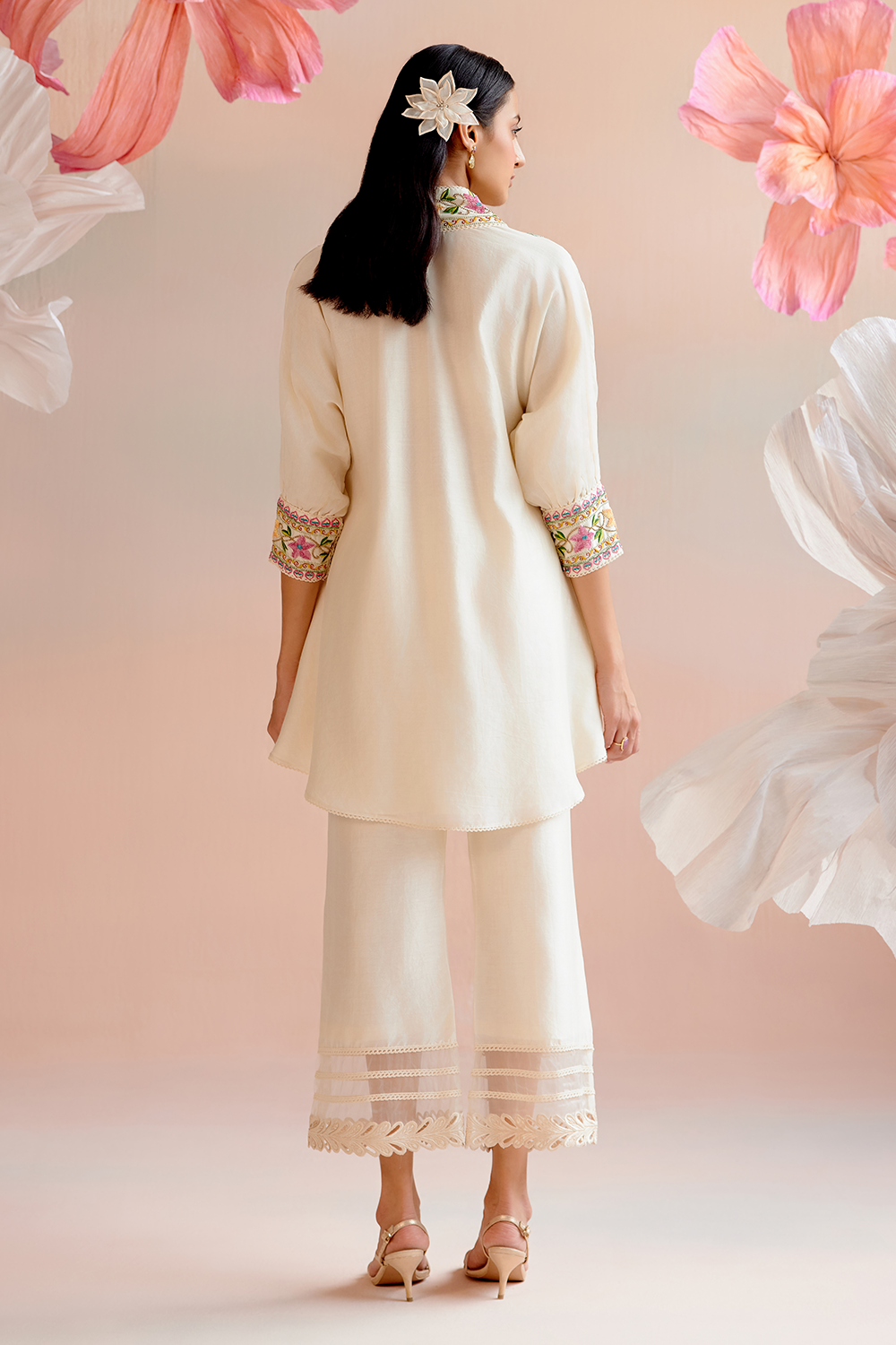 Ivory Floral Beadwork Kimono with Cutwork Pants