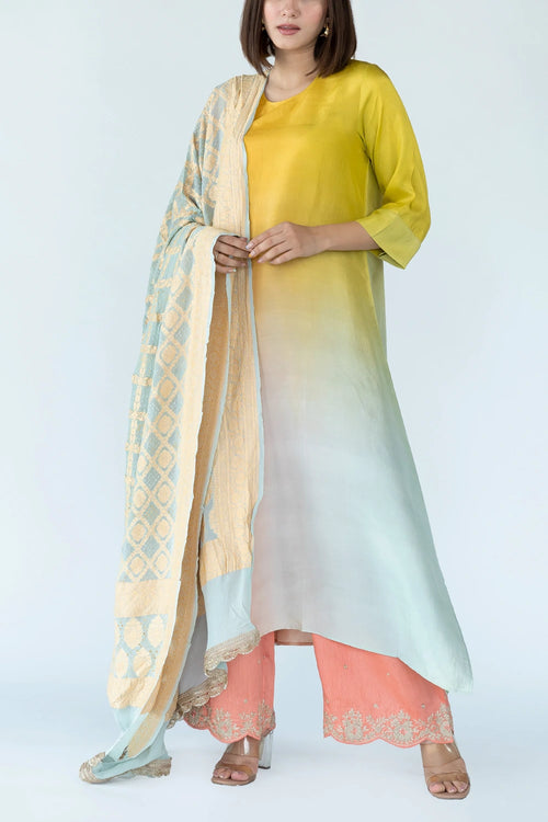 Yellow Green Ombre Kurta With Dupatta