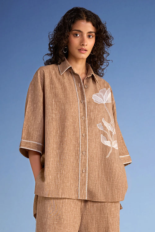 Floral Applique Linen-Textured Shirt