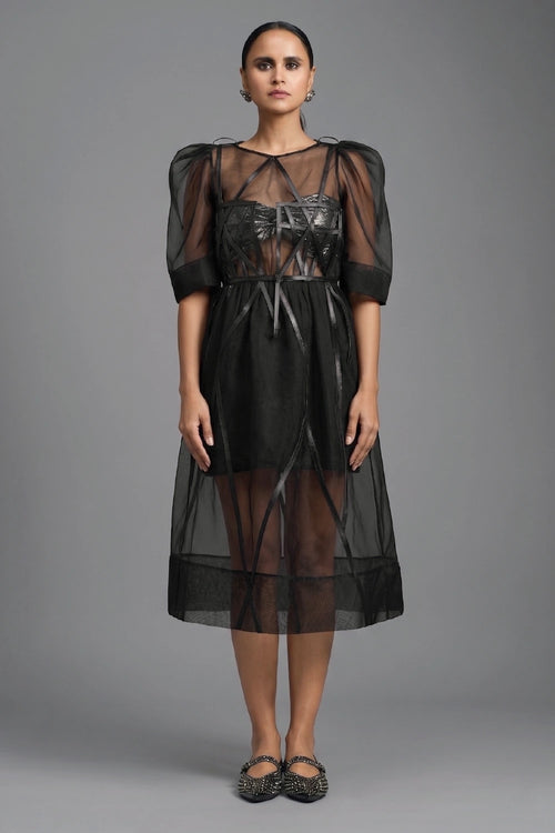 Sheer Black Sculpted Midi Dress