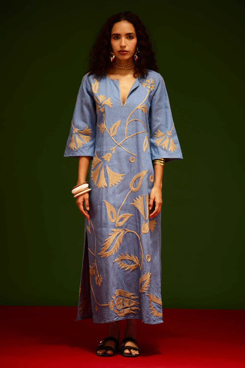 Denim Blue Cotton Maxi Dress with Thread Embroidery