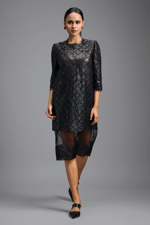 Black Laser-cut Dress with Sheer Hem