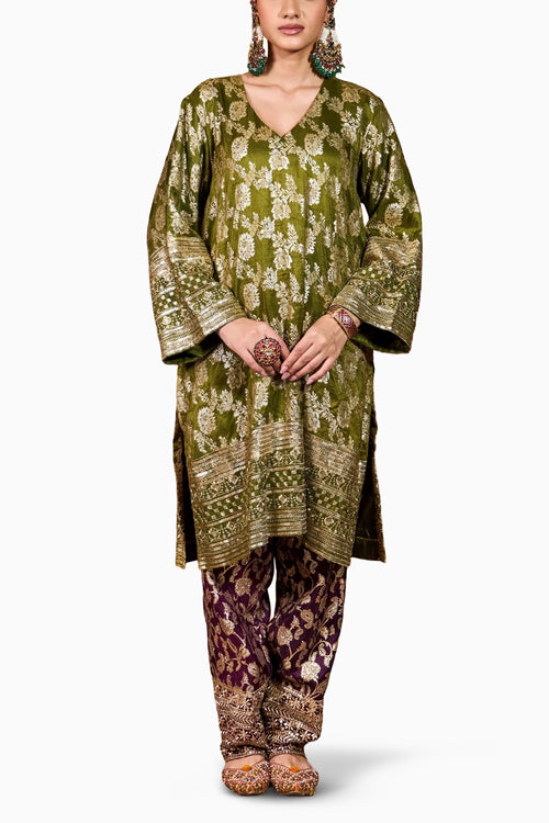 Green Purple Banarasi Begum Tunic Set