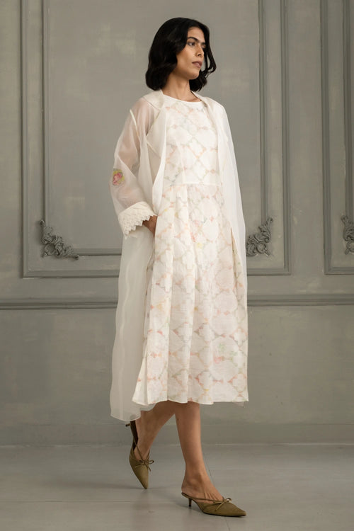 Ivory Appliqué Organza Jacket with Multiprint Linen Dress