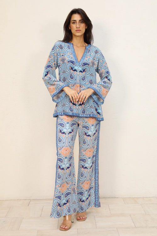 Blue Printed Top With Pant Set