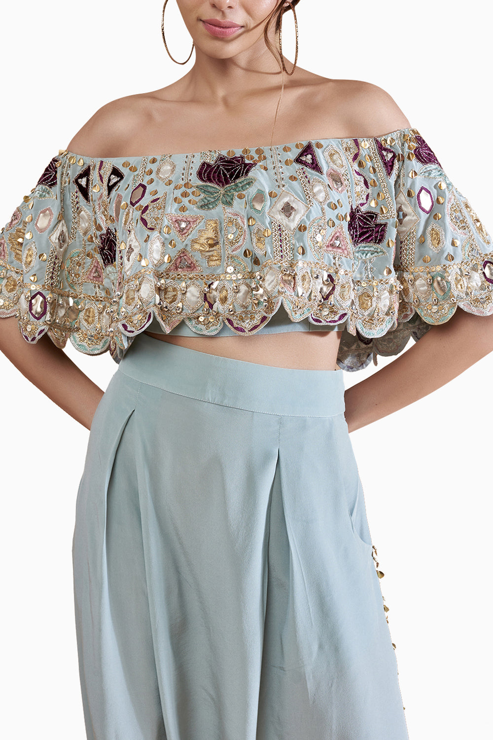 Powder Blue Crepe Embroidered Top with Pant