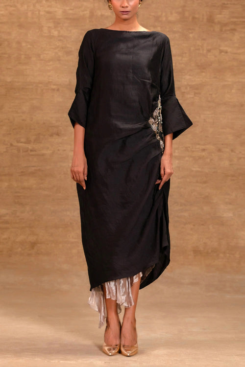 Eeda Black Silk Side Gather Party Dress
