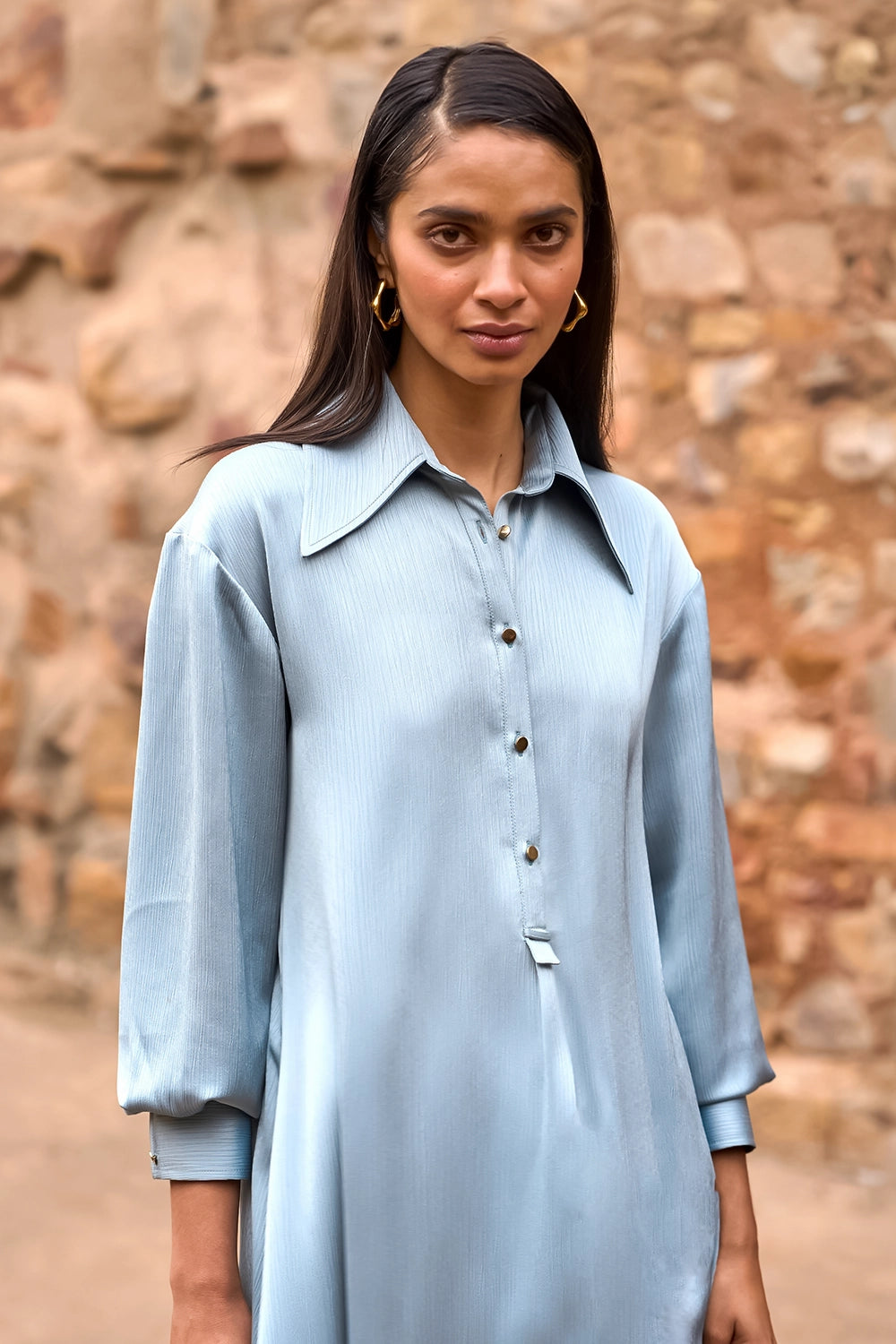 Textured Satin Shirt Dress