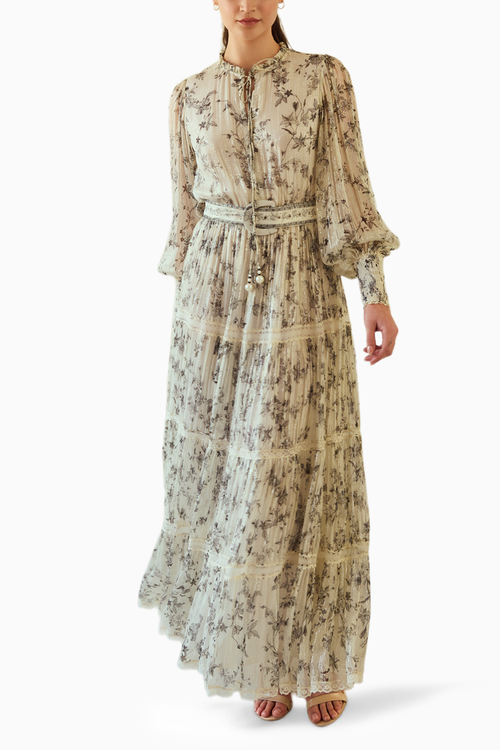 Dusty Ivory Long Printed Dress with Buckle Belt