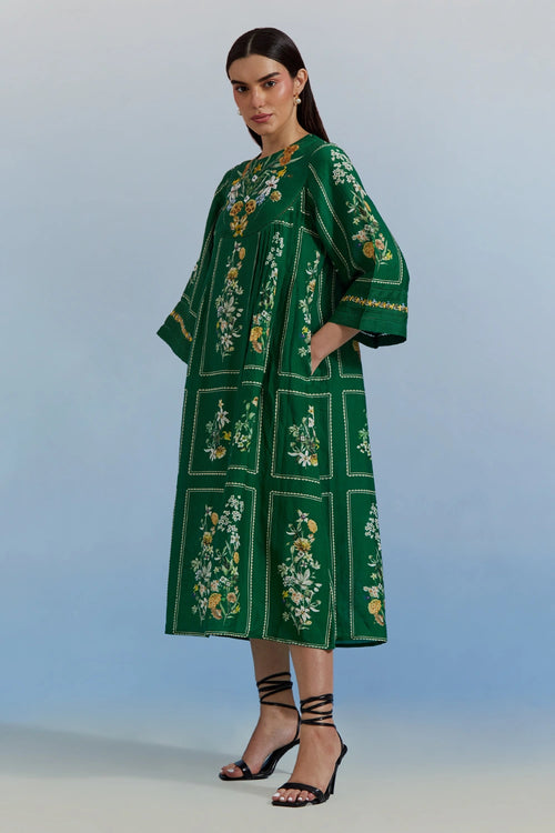 Green Bouquet Pleated Dress