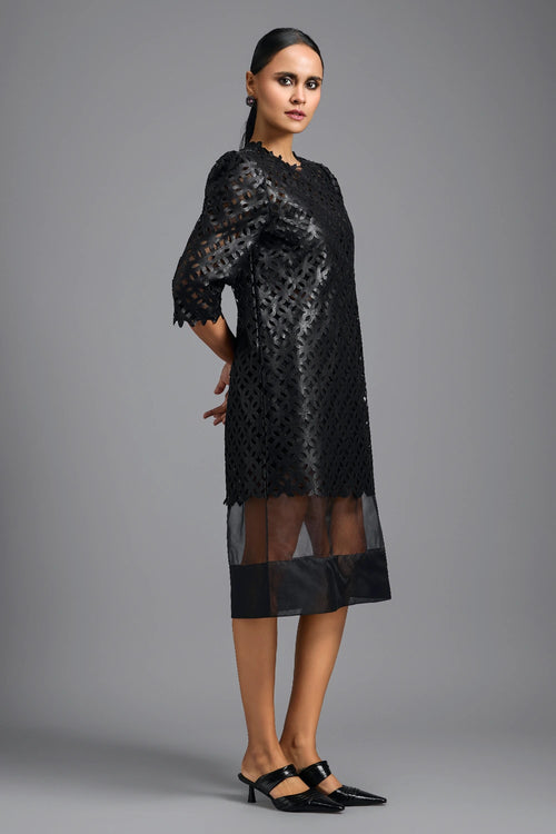 Black Laser-cut Dress with Sheer Hem