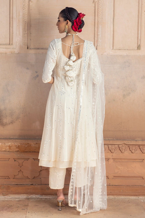 Off White Big Flower Anarkali with Pants and Dupatta