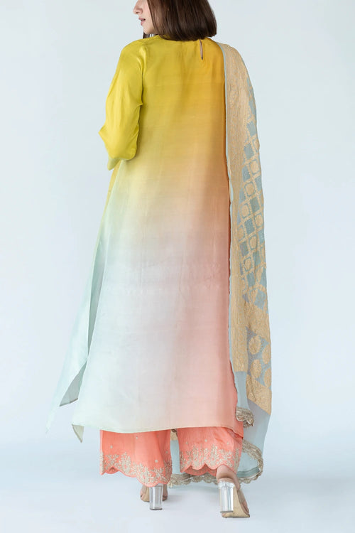 Yellow Green Ombre Kurta With Dupatta