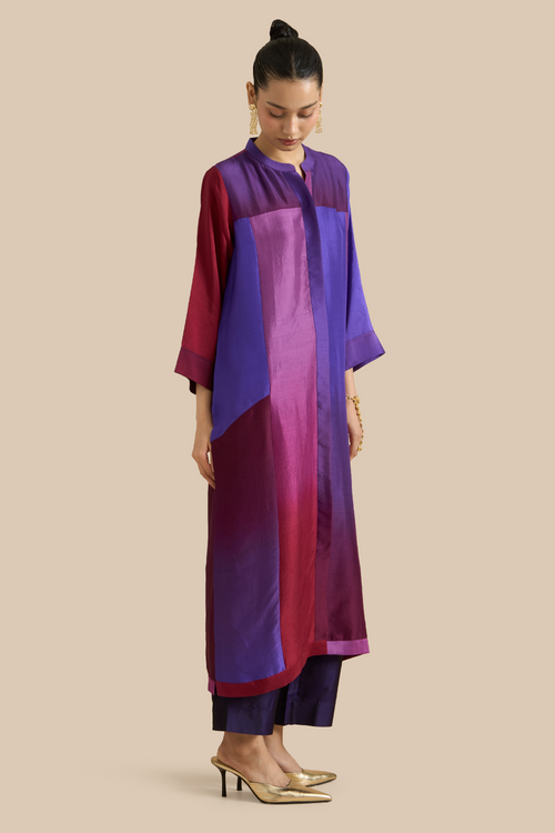 Deep Purple Ombre Color Block Kurta Set