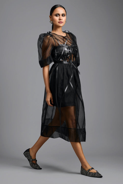 Sheer Black Sculpted Midi Dress