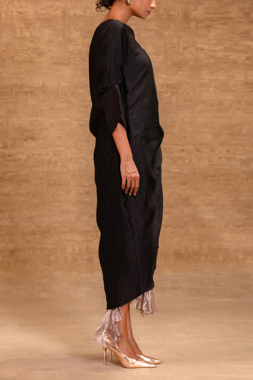 Eeda Black Silk Side Gather Party Dress