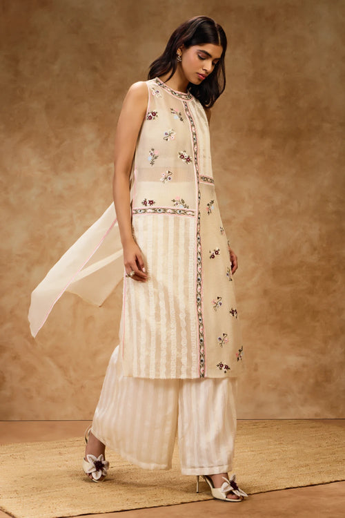 Gold Threadwork Dress And Pants Set
