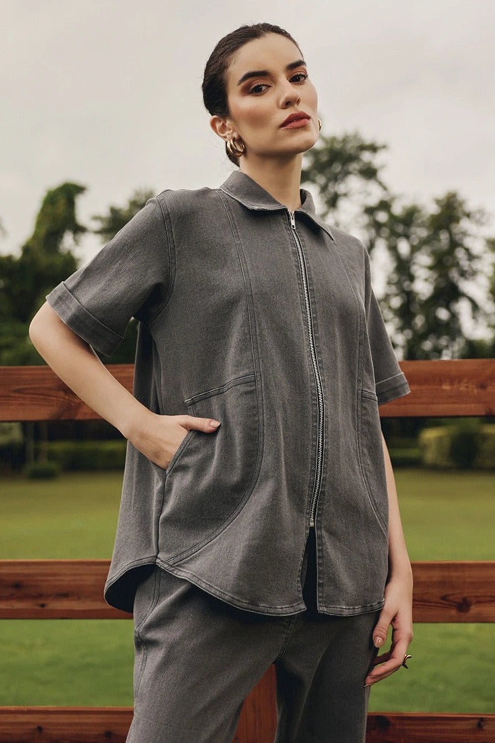 Ash Zipper Jacket with Straight Denim Pants