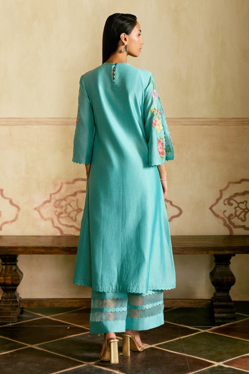 Aqua Mosaic Floral Kurta with Sheer Detail Pants