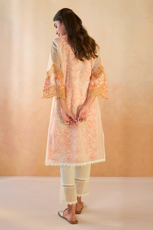 Orange Floral Embroidered Organza Slip Kurta Set