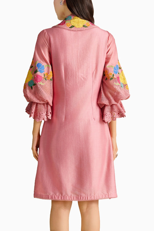 Pink Applique Mesh Layered Short Dress