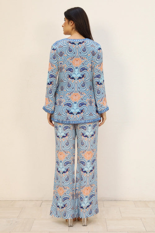 Blue Printed Top With Pant Set
