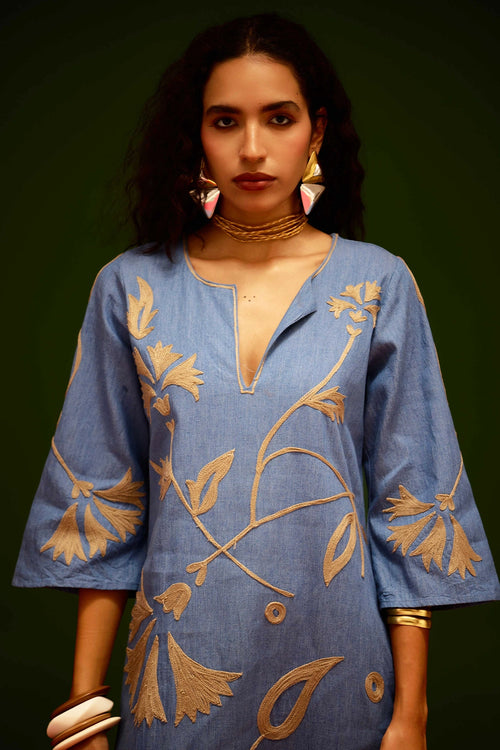Denim Blue Cotton Maxi Dress with Thread Embroidery
