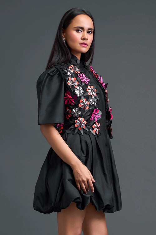 Black 3D Floral Jacket and Taffeta Bubble Dress