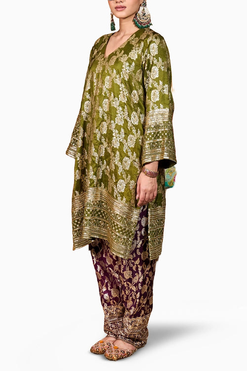 Green Purple Banarasi Begum Tunic Set