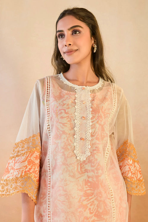 Orange Floral Embroidered Organza Slip Kurta Set