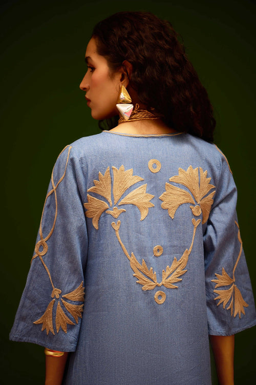Denim Blue Cotton Maxi Dress with Thread Embroidery