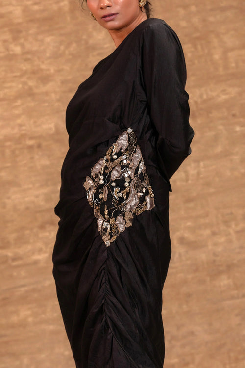 Eeda Black Silk Side Gather Party Dress