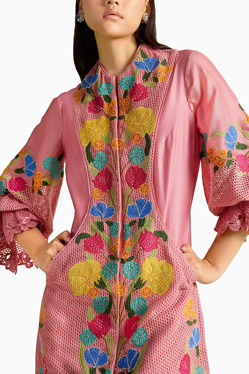 Pink Applique Mesh Layered Short Dress