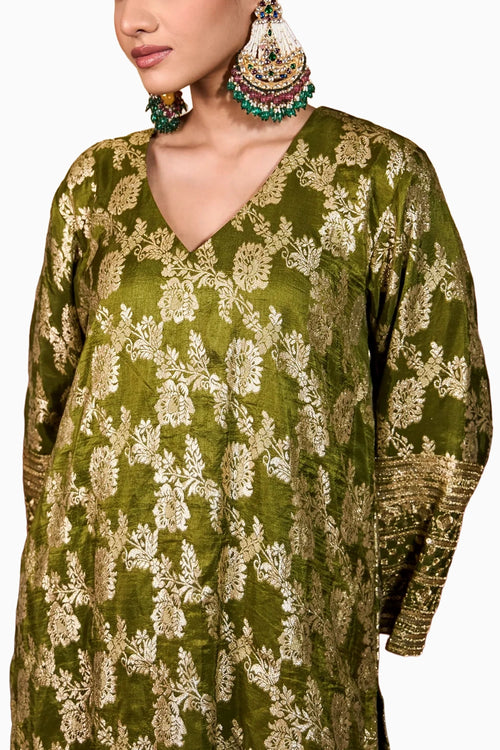 Green Purple Banarasi Begum Tunic Set