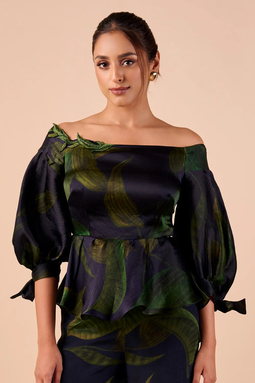 Dark Hue Leaf Off Shoulder Top