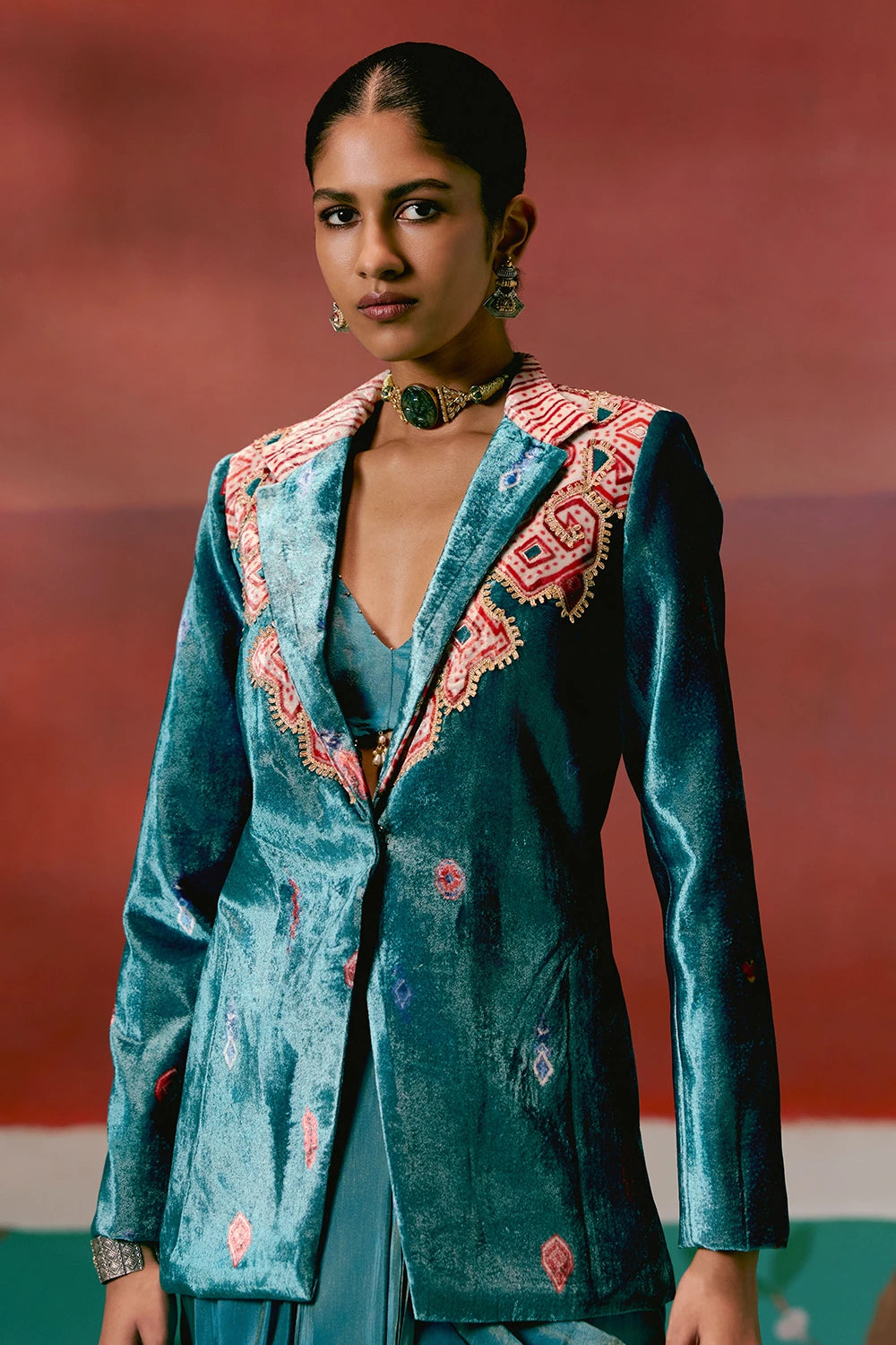 Teal Aztec Blazer Dhoti Set