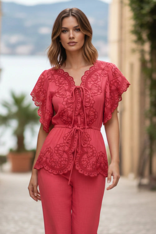 Scarlet Scallop Embroidered Pant Set